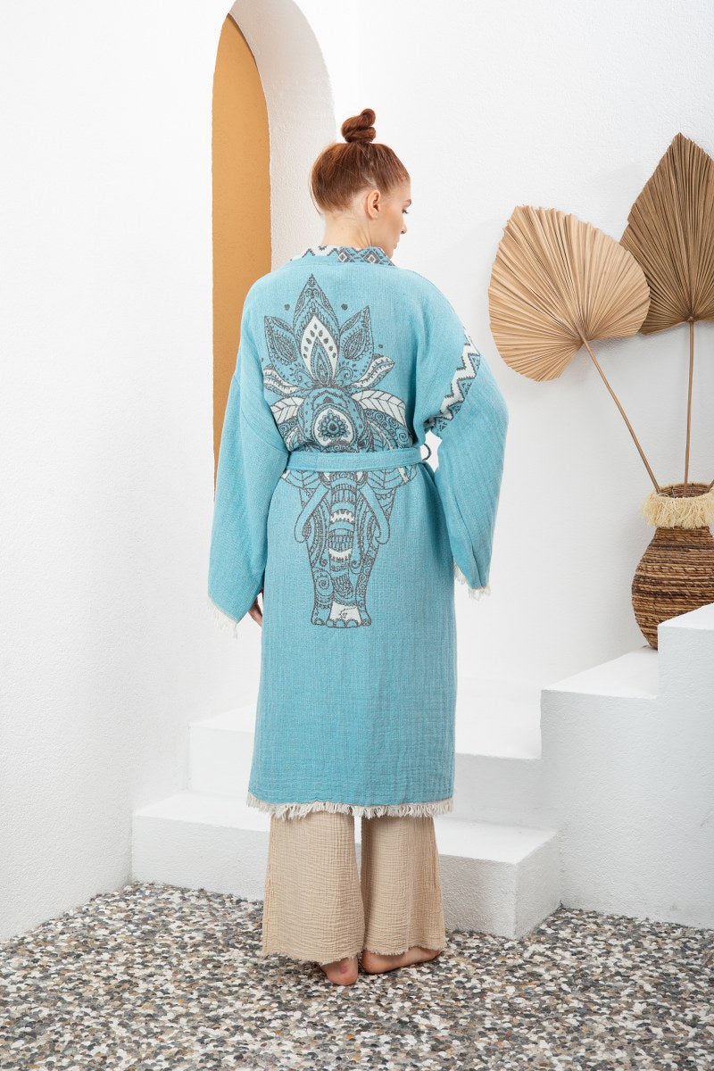 Canlı Mavi Bohem Kadın Fil Desenli Doğal Kumaş Kimono Bornoz Kaftan