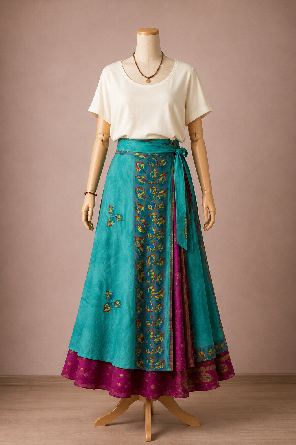 Çift Taraflı Bağlamalı İpek Etek Sarong – Pembe Mavi Desenli