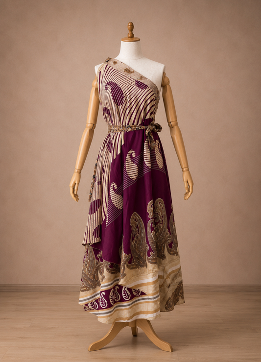 Çift Taraflı Bağlamalı İpek Etek Sarong – Bordo Bej Paisley Desenli