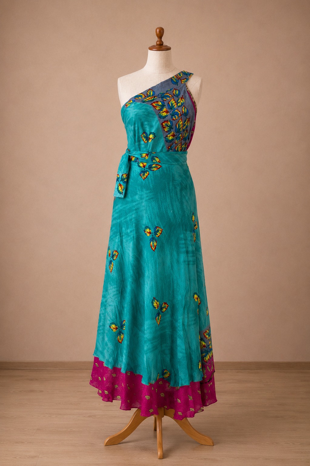 Çift Taraflı Bağlamalı İpek Etek Sarong – Pembe Mavi Desenli