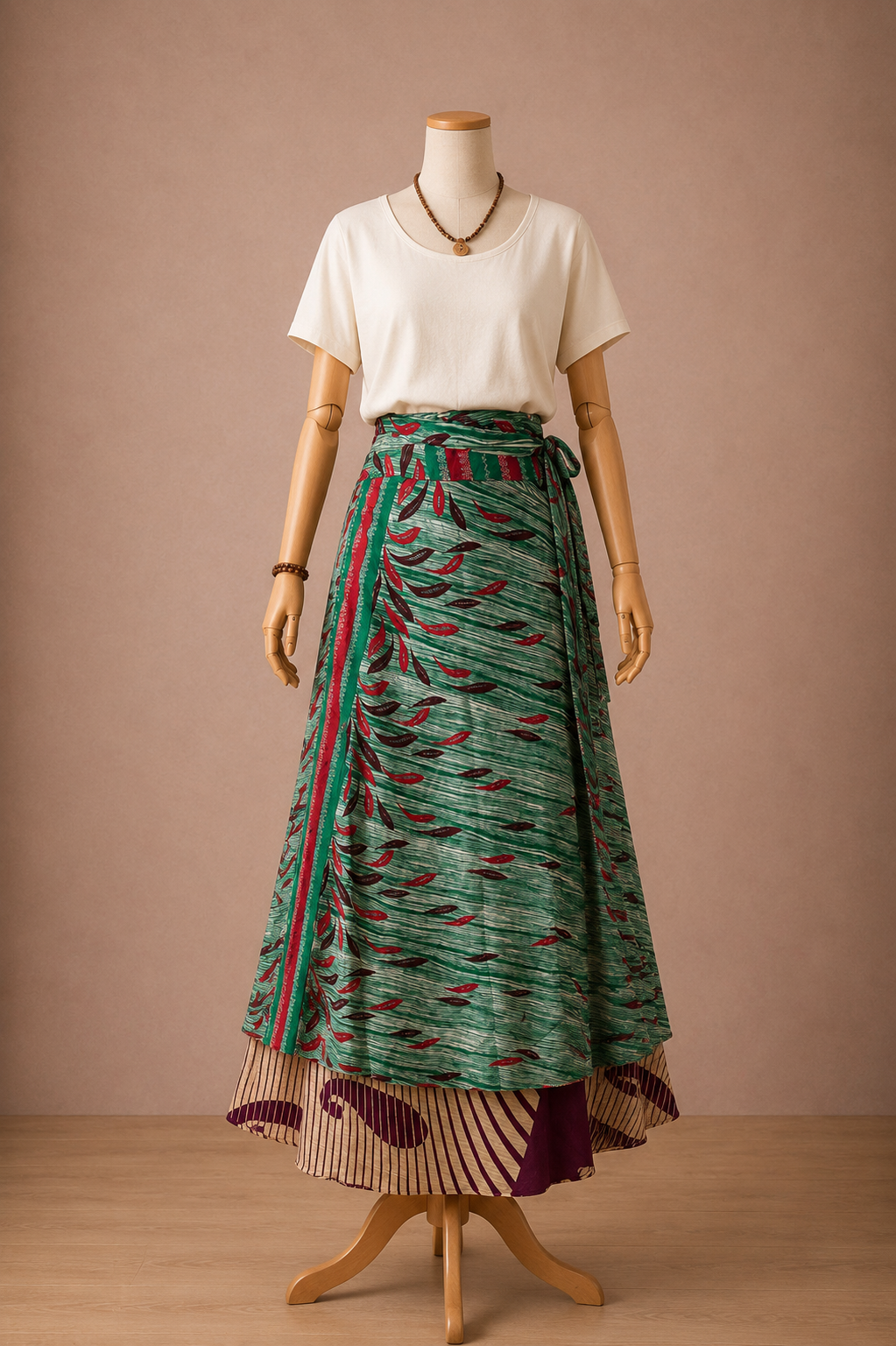 Çift Taraflı Bağlamalı İpek Etek Sarong – Bordo Turkuaz Paisley Desenli