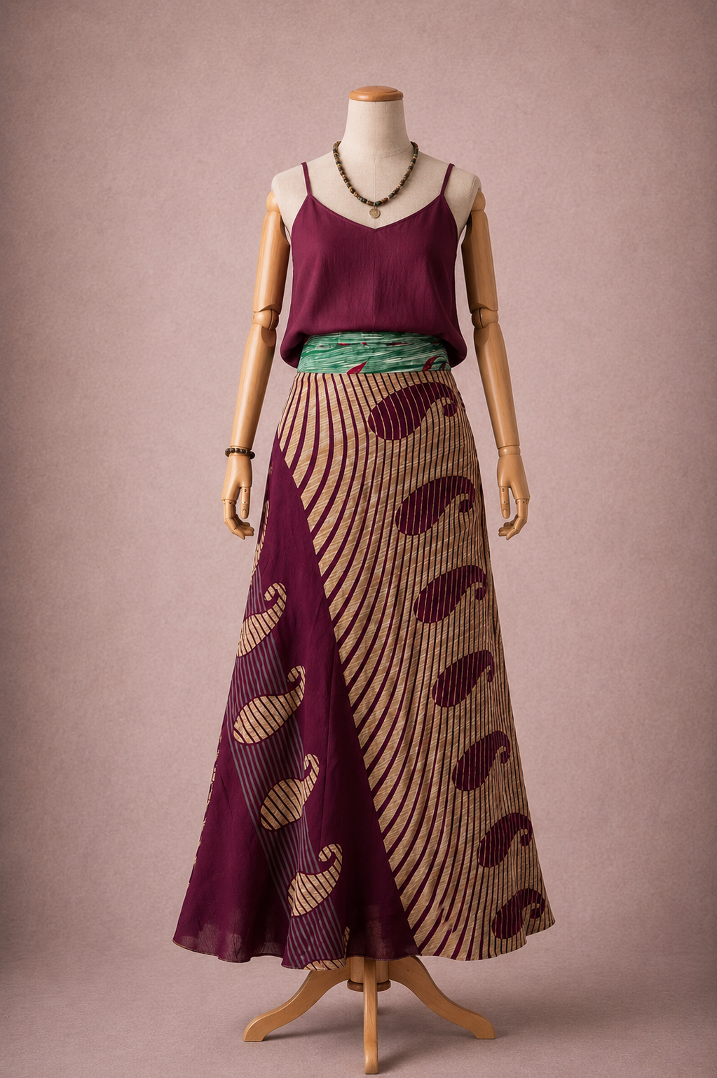 Çift Taraflı Bağlamalı İpek Etek Sarong – Bordo Turkuaz Paisley Desenli