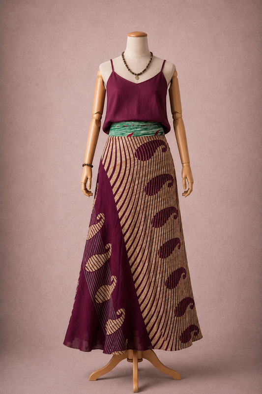 Çift Taraflı Bağlamalı İpek Etek Sarong – Bordo Turkuaz Paisley Desenli