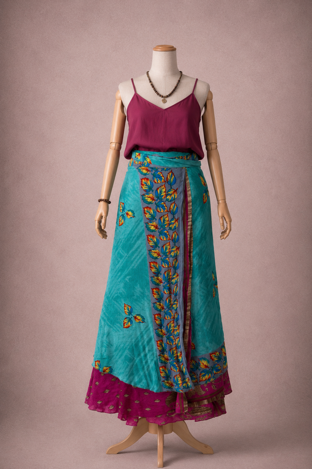 Çift Taraflı Bağlamalı İpek Etek Sarong – Pembe Mavi Desenli