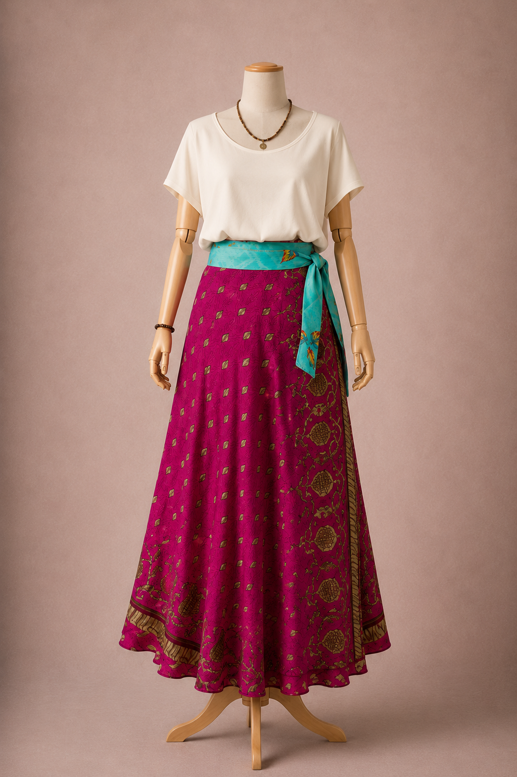 Çift Taraflı Bağlamalı İpek Etek Sarong – Pembe Mavi Desenli