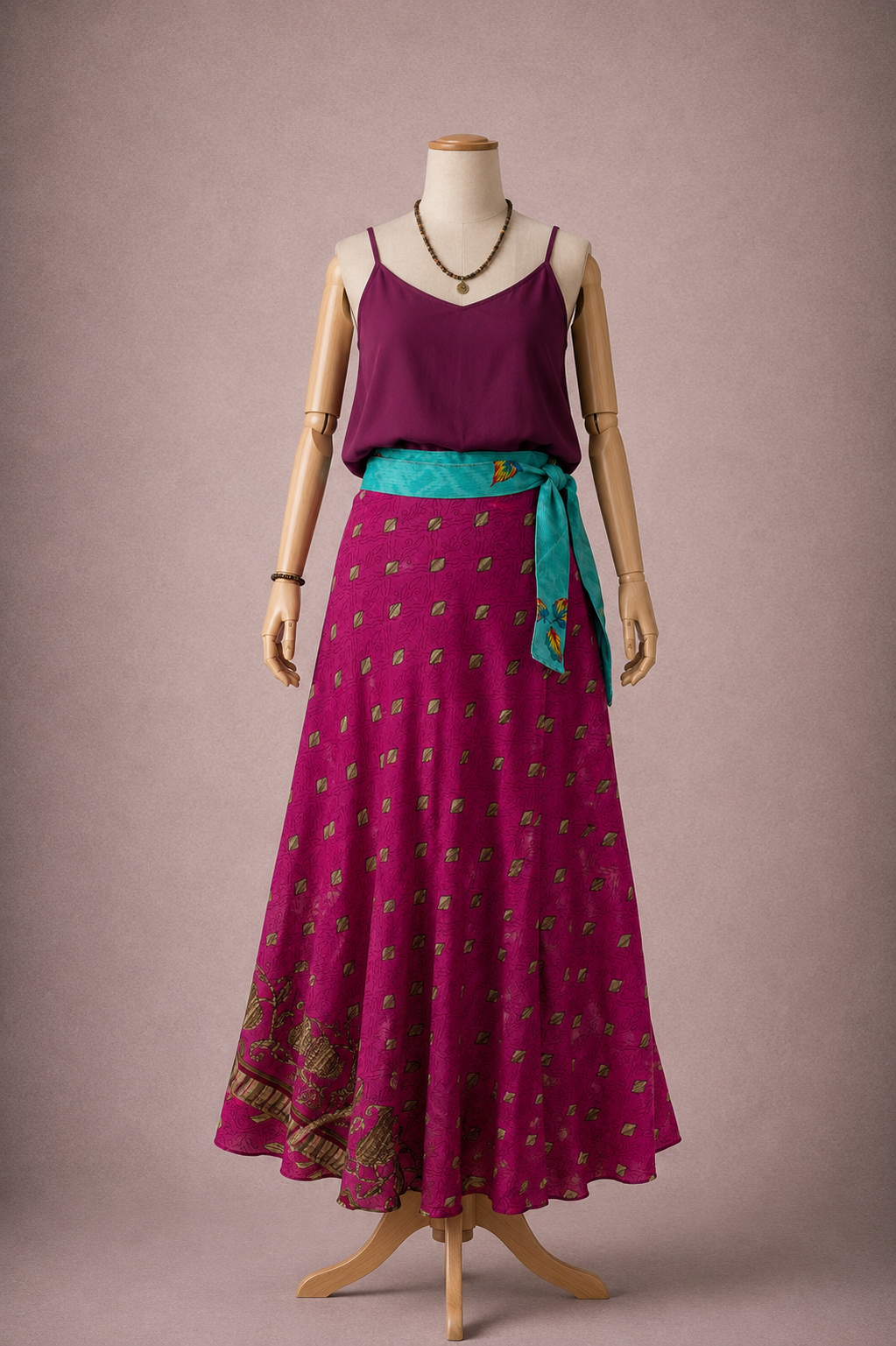Çift Taraflı Bağlamalı İpek Etek Sarong – Pembe Mavi Desenli