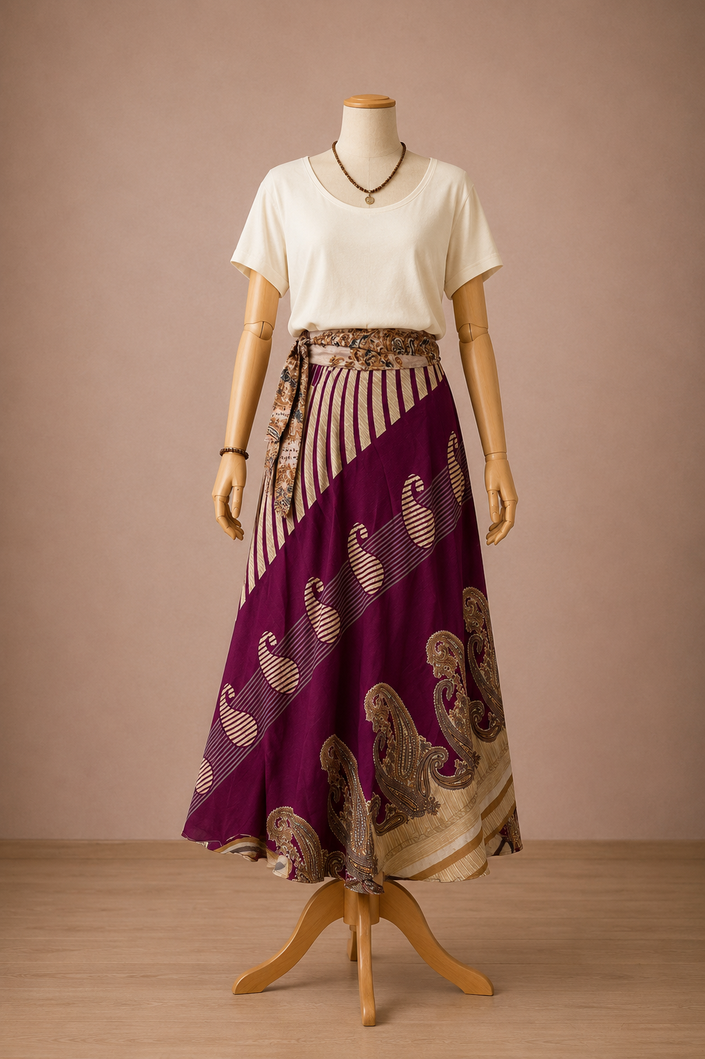 Çift Taraflı Bağlamalı İpek Etek Sarong – Bordo Bej Paisley Desenli
