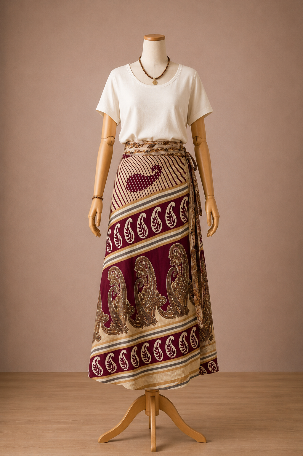 Çift Taraflı Bağlamalı İpek Etek Sarong – Bordo Bej Paisley Desenli