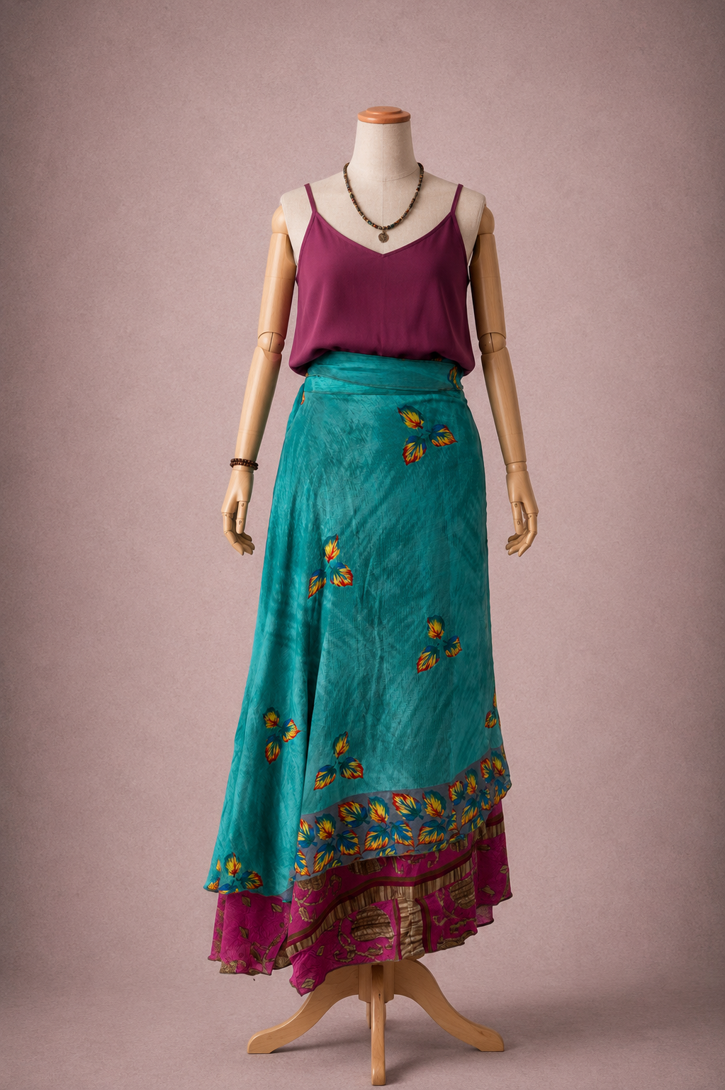 Çift Taraflı Bağlamalı İpek Etek Sarong – Pembe Mavi Desenli