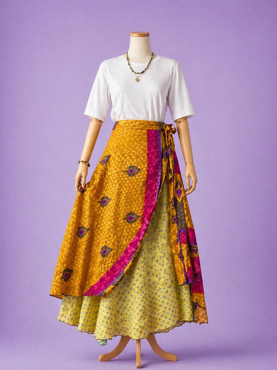 Çift Taraflı Bağlamalı İpek Etek Sarong – Sarı Pembe Desenli (Nepal)