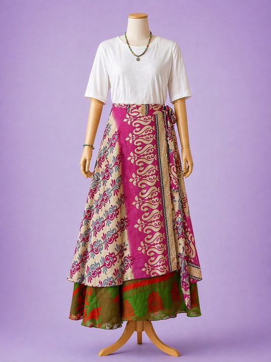 Çift Taraflı Bağlamalı İpek Etek – Pembe Desenli (Nepal)