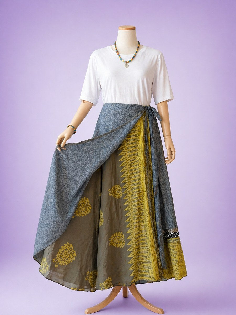 Çift Taraflı Bağlamalı İpek Etek Sarong – Gri Sarı Desenli (Nepal)