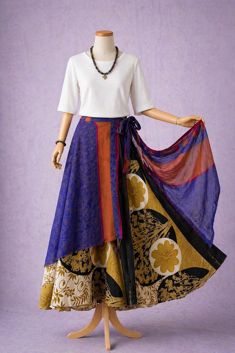 Çift Taraflı Bağlamalı İpek Etek Sarong – Mavi Bej Desenli (Nepal)