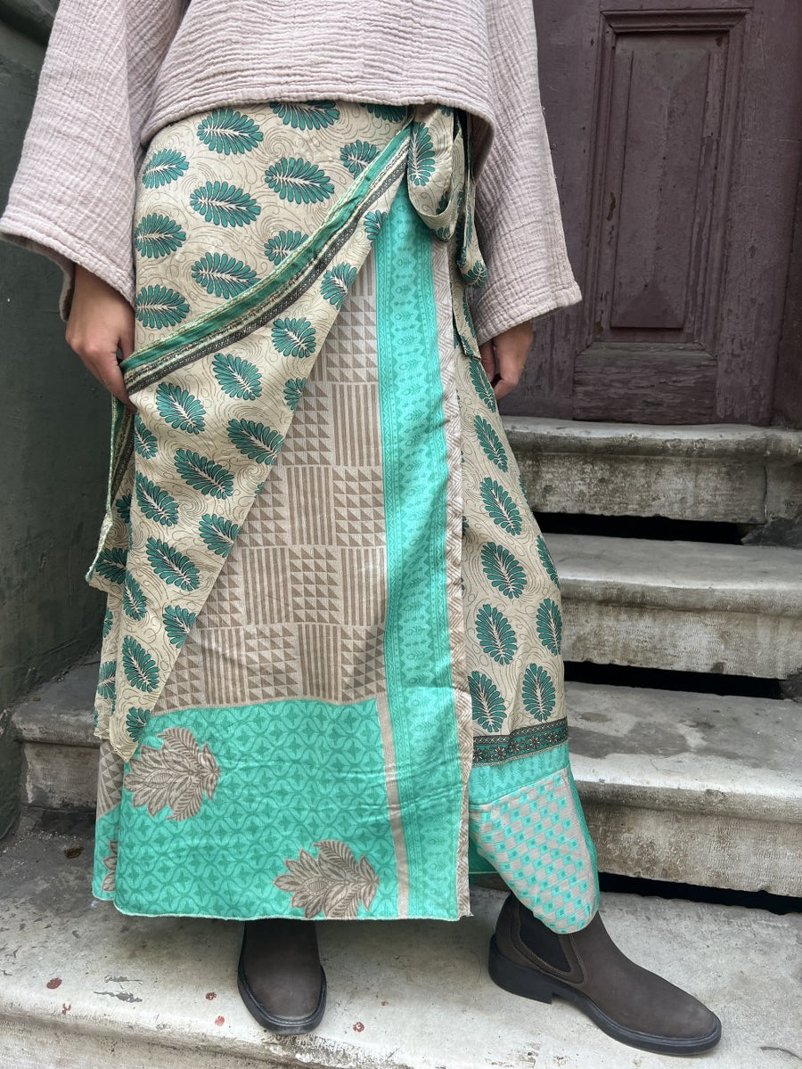 Bohem Nepal Yeşil Yapraklı Desenli Bağlamalı İpek Etek