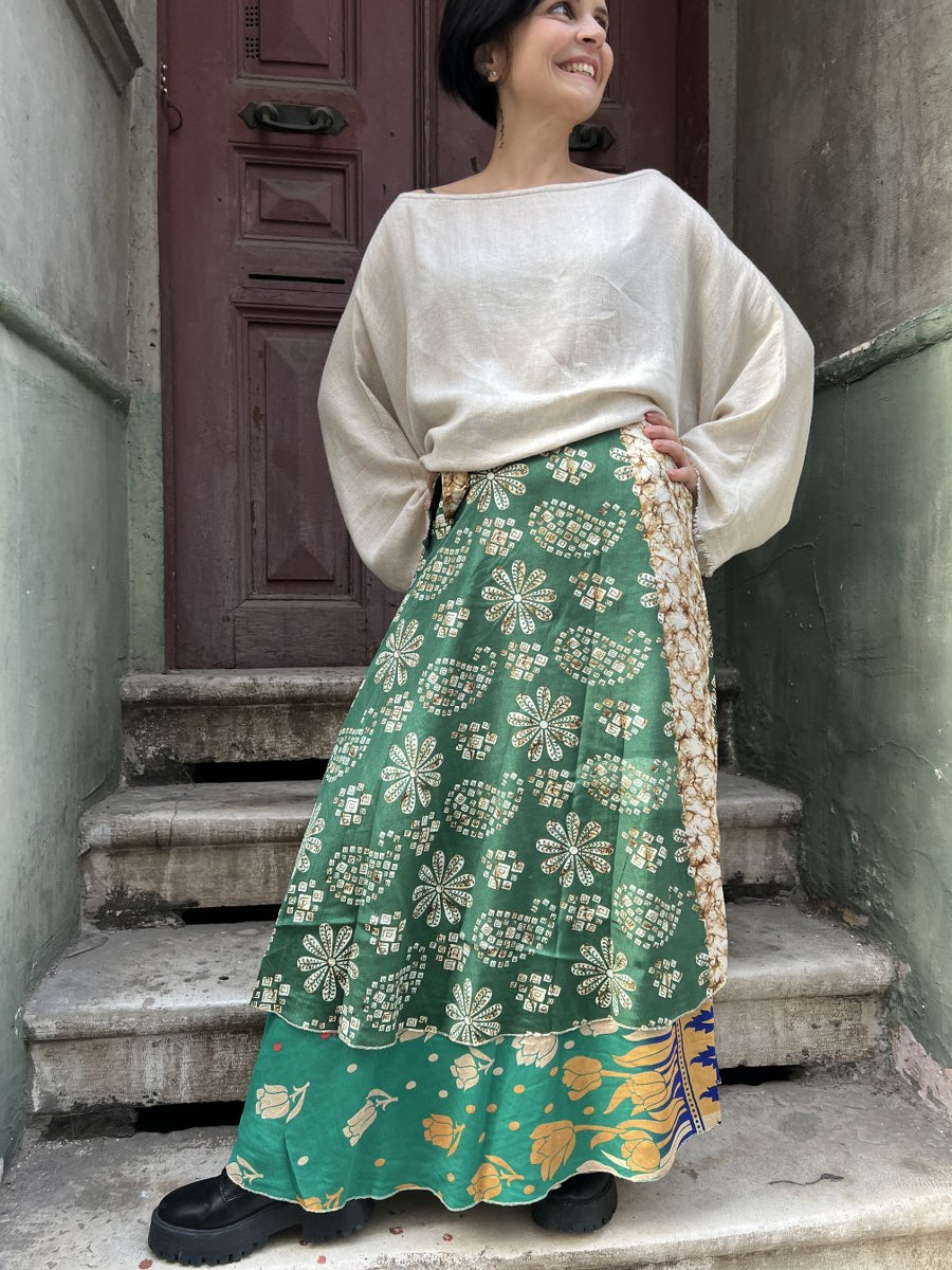 Nepal Çift Taraflı İpek Etek – Yeşil Desenli, El Yapımı, Bohem Tarz