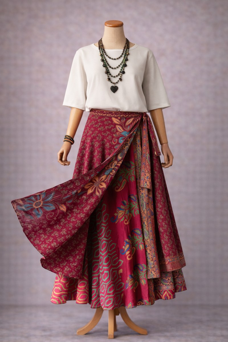 Çift Taraflı Bağlamalı İpek Etek – Bordo Çiçek Desenli 