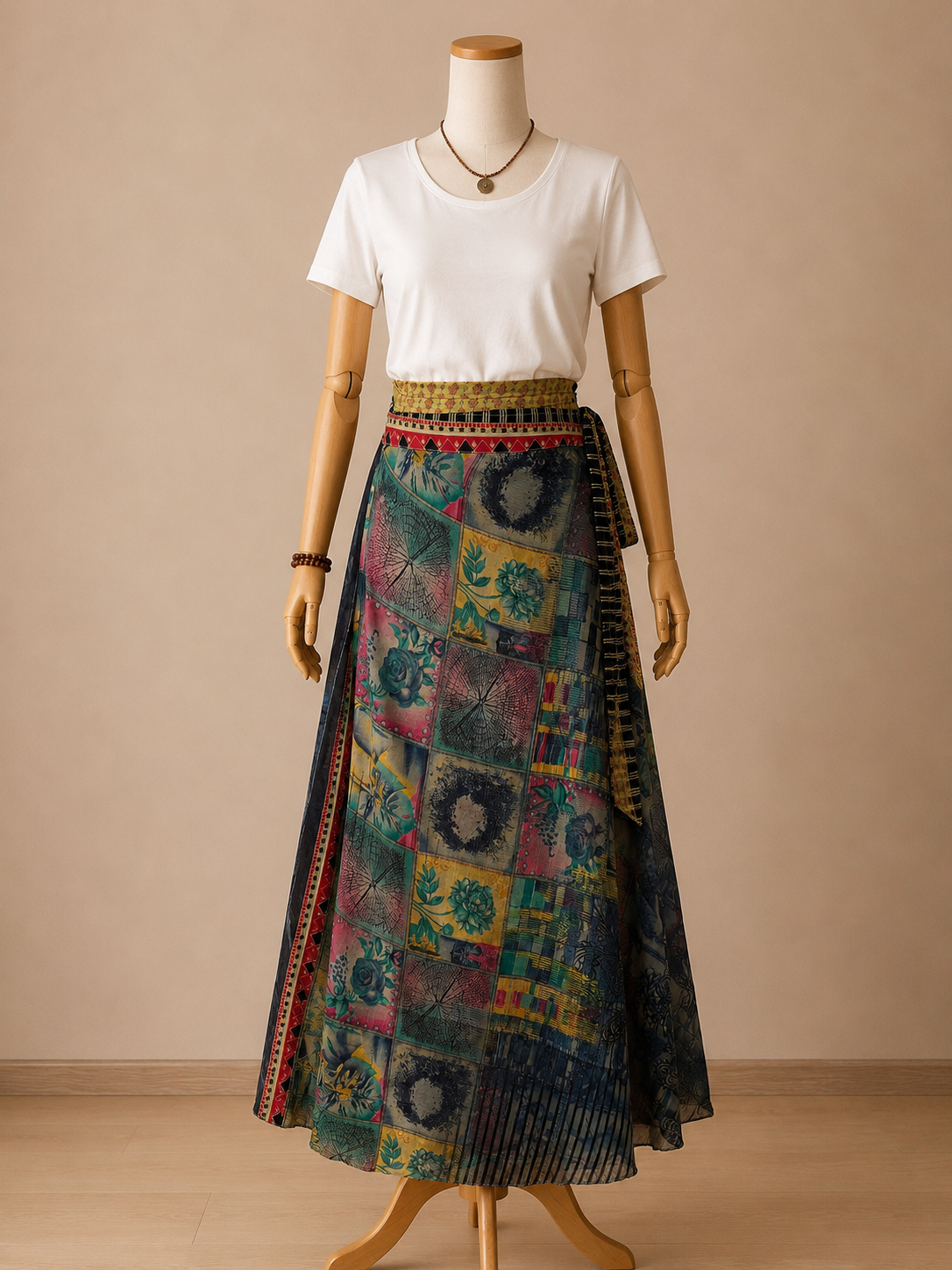 Çift Taraflı Bağlamalı İpek Etek Sarong – Siyah Haki Desenli