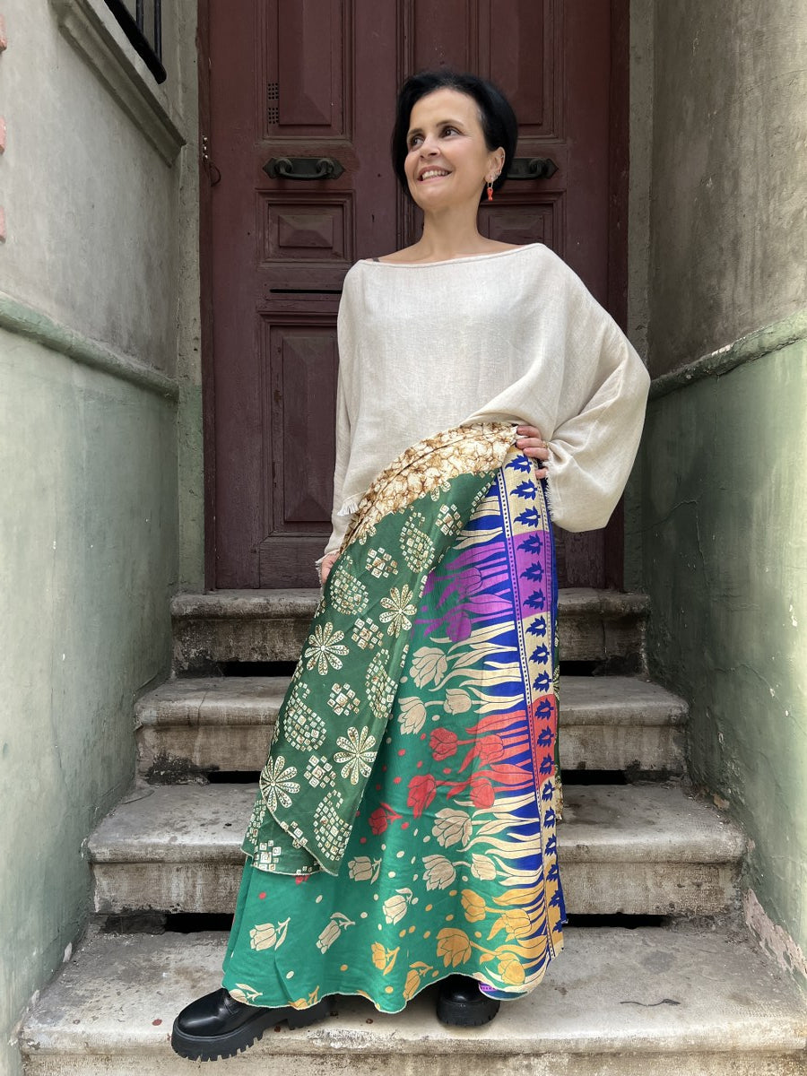 Nepal Çift Taraflı İpek Etek – Yeşil Desenli, El Yapımı, Bohem Tarz