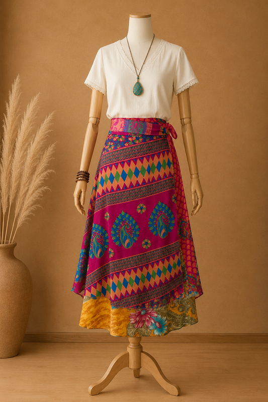 Çift Taraflı Bağlamalı İpek Etek Sarong – Pembe Çiçek Desenli – Orta Boy