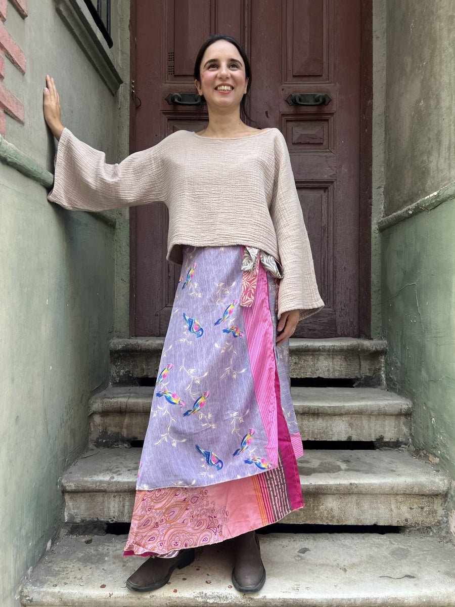 Bohem Nepal Mor Kuş Desenli Bağlamalı İpek Etek