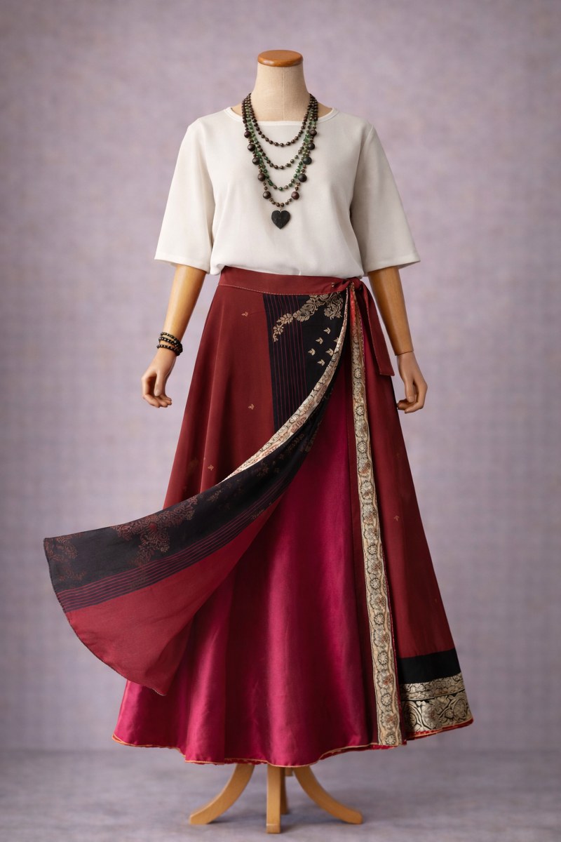 Çift Taraflı Bağlamalı İpek Etek – Bordo Siyah