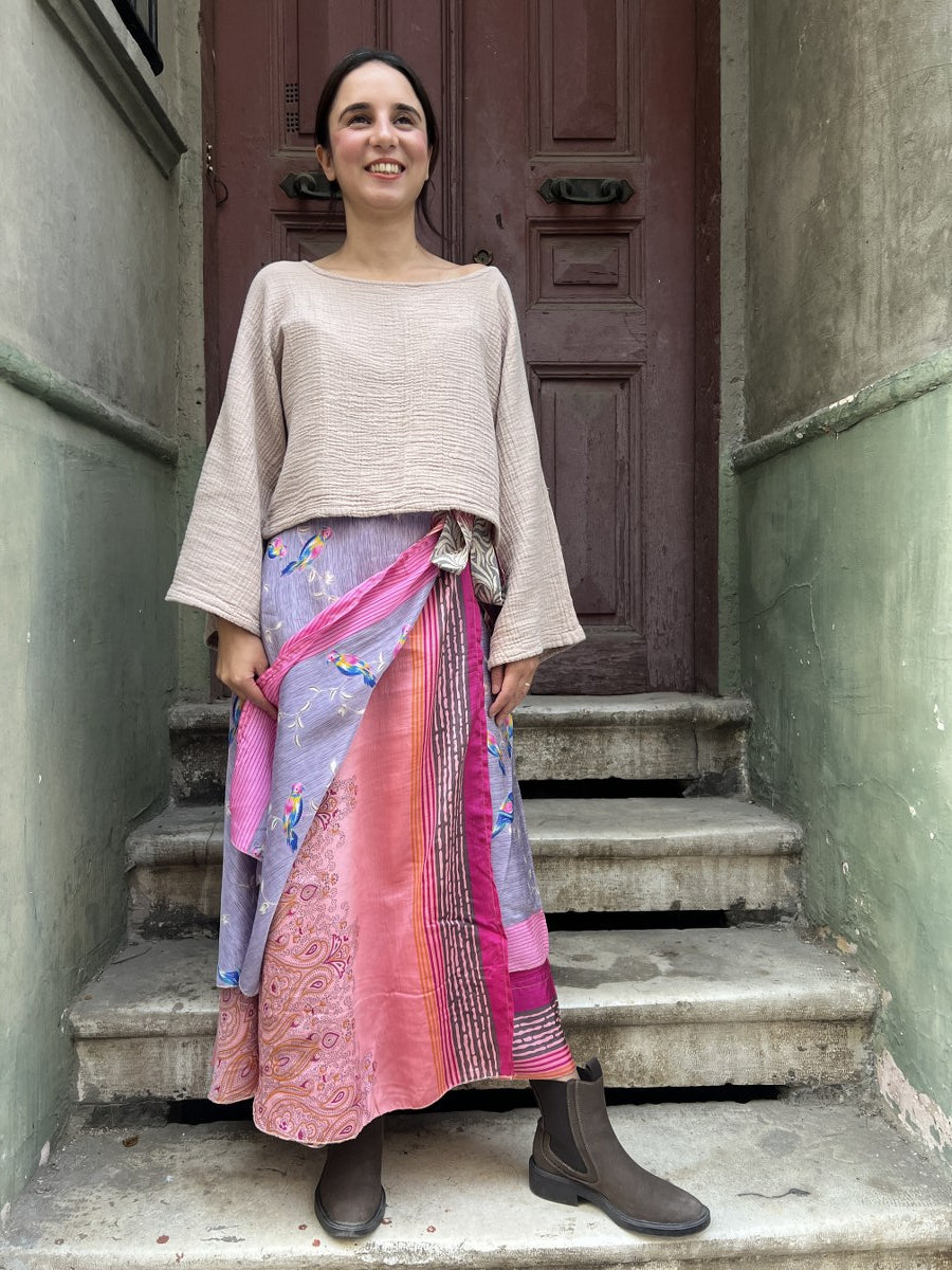 Bohem Nepal Mor Kuş Desenli Bağlamalı İpek Etek