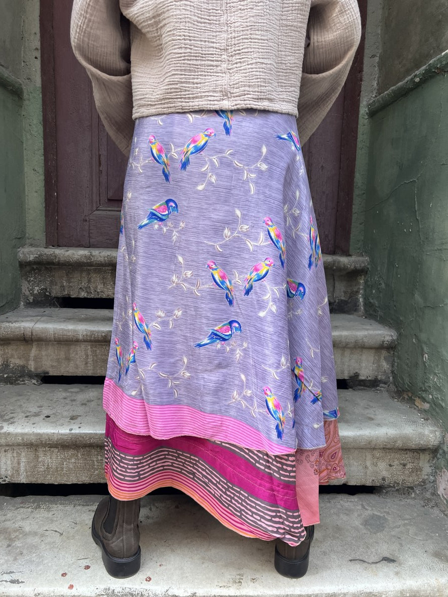 Bohem Nepal Mor Kuş Desenli Bağlamalı İpek Etek