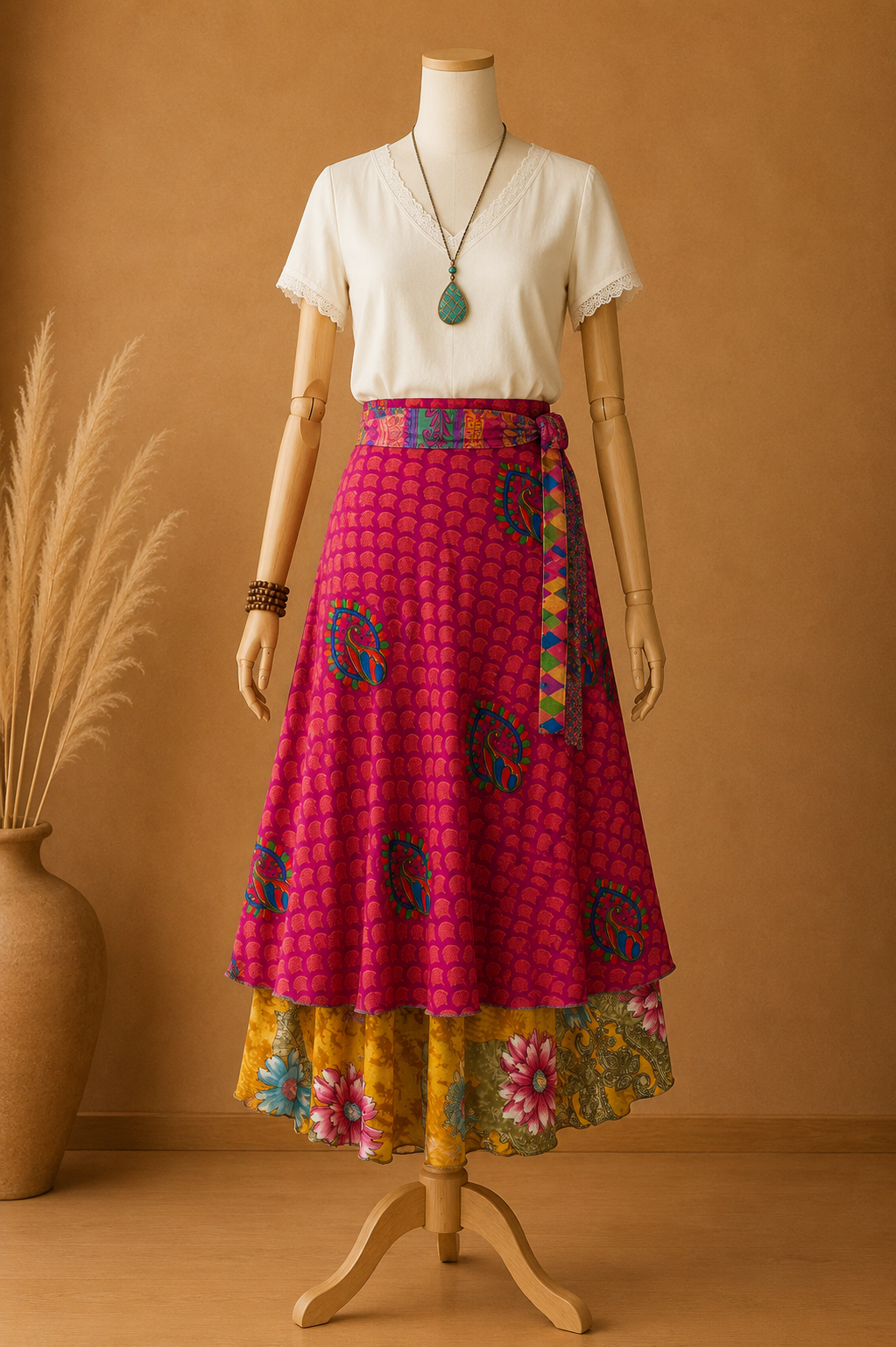 Çift Taraflı Bağlamalı İpek Etek Sarong – Pembe Çiçek Desenli – Orta Boy