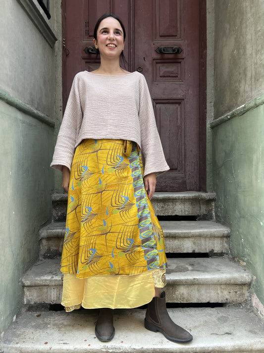 Nepal İpek Çift Taraflı Bağlamalı Etek – Sarı Desenli