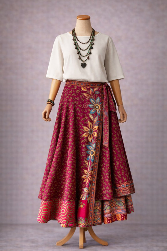 Çift Taraflı Bağlamalı İpek Etek – Bordo Çiçek Desenli 