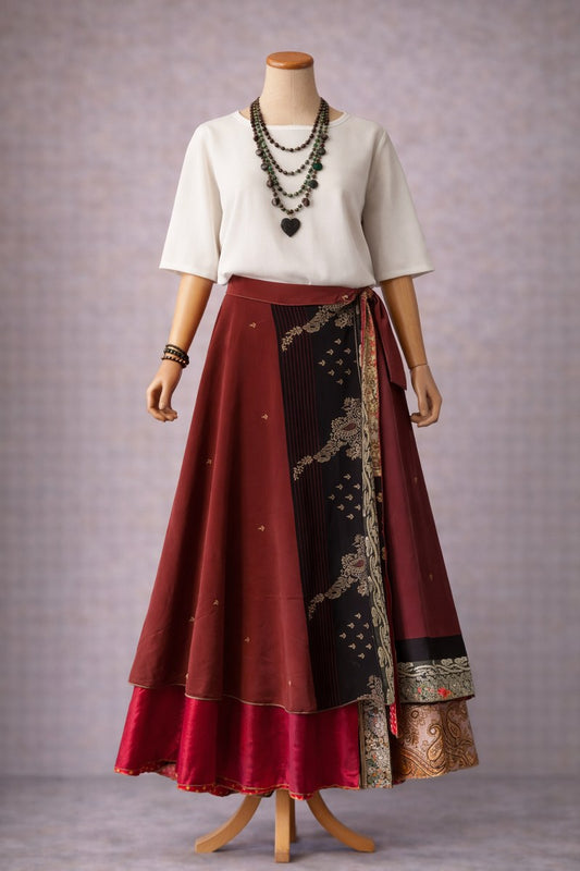 Çift Taraflı Bağlamalı İpek Etek – Bordo Siyah