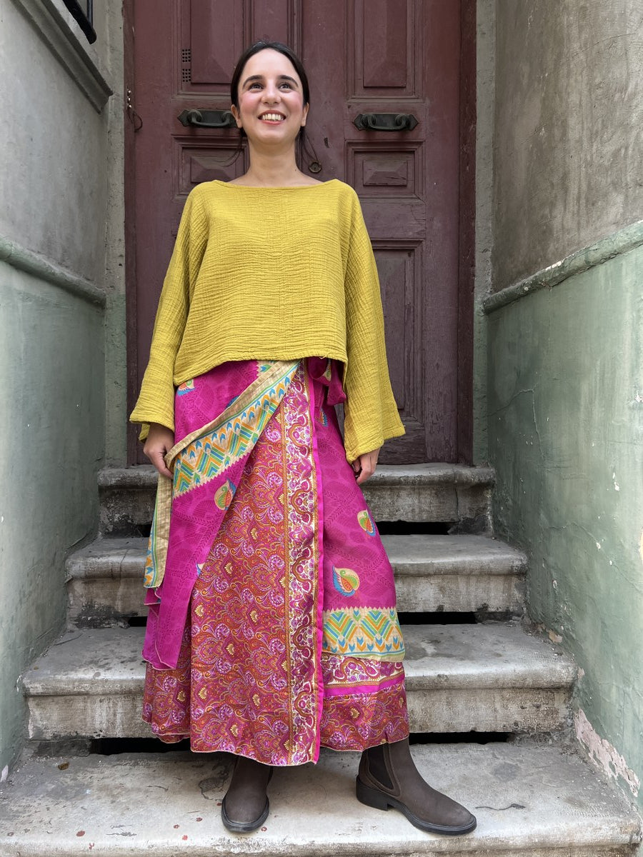 Çift Taraflı Nepal Bohem İpek Etek – Pembe Desenli