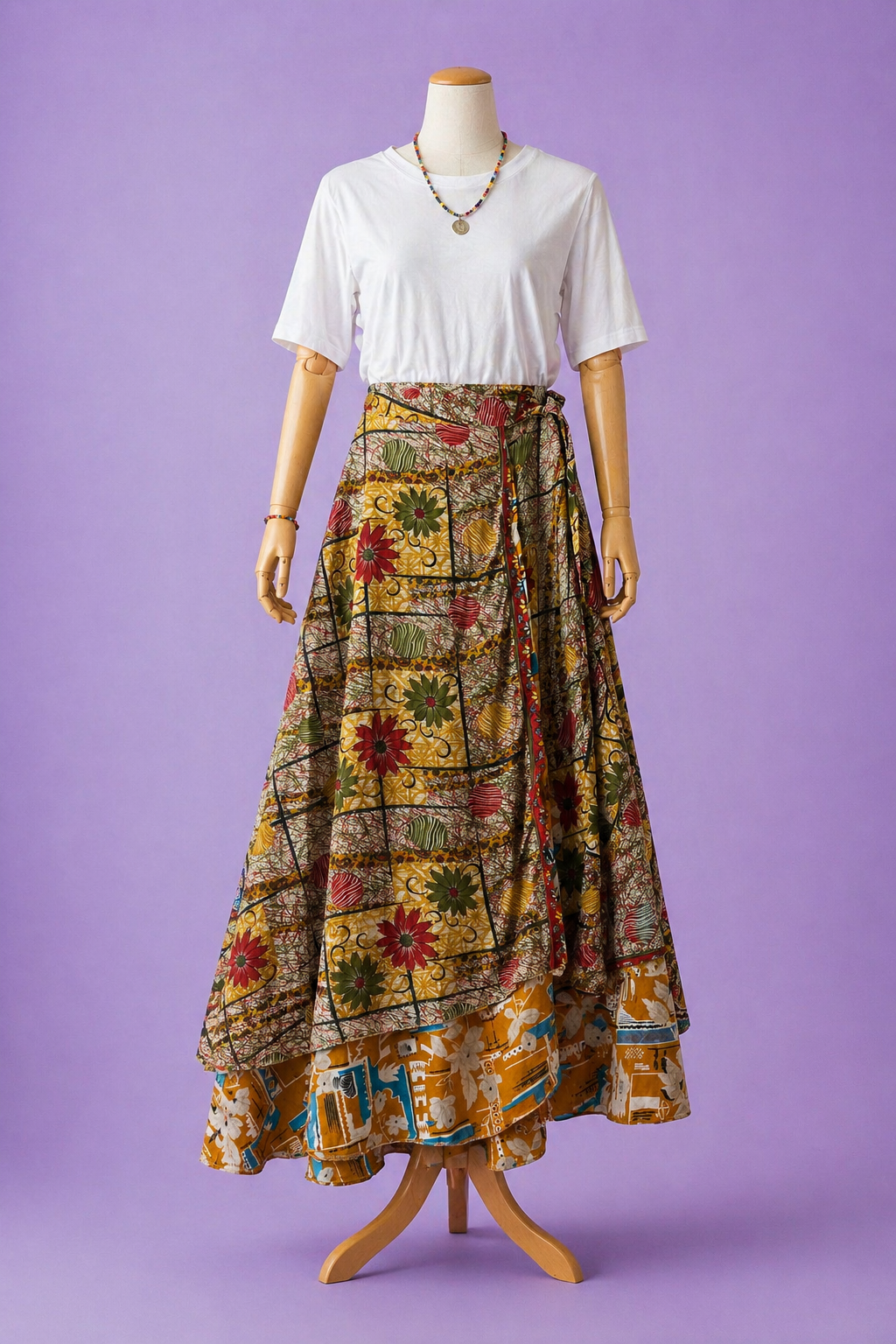 Çift Taraflı Bağlamalı İpek Etek Sarong  – Kahve Çiçek Desenli (Nepal)