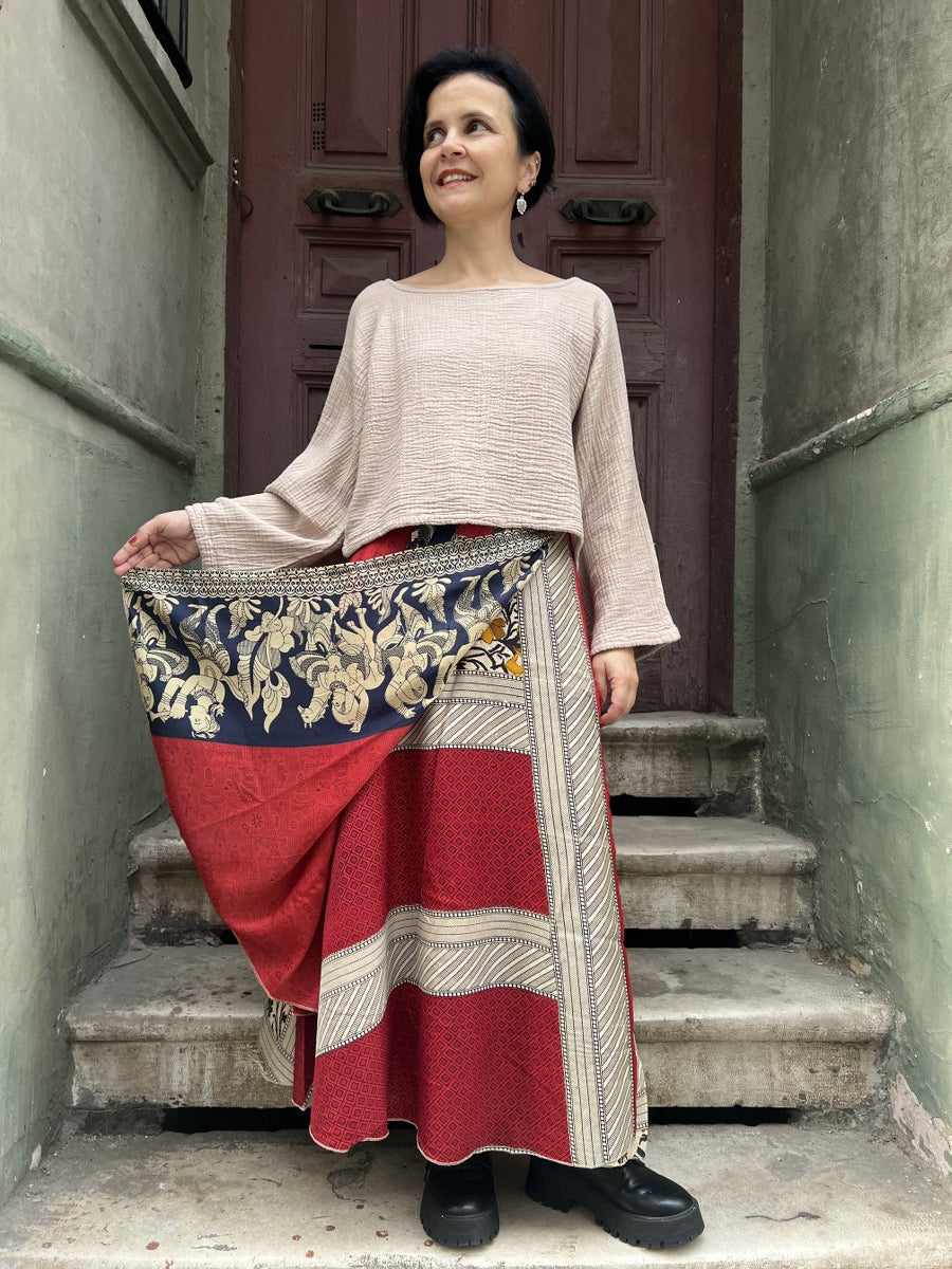 Bohem Nepal Desenli Bağlamalı İpek Etek