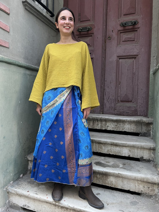 Nepal Çift Taraflı İpek Etek – Saks Mavi Desenli