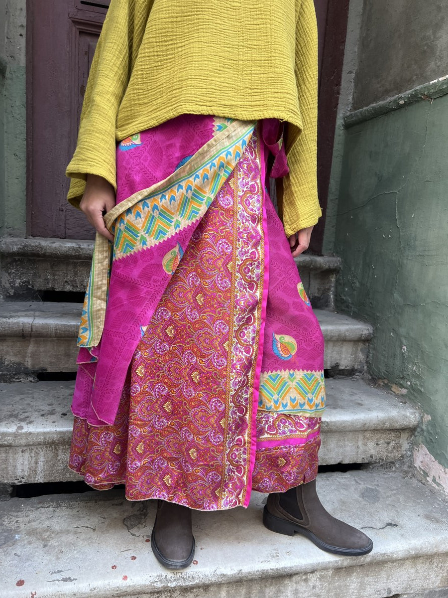 Çift Taraflı Nepal Bohem İpek Etek – Pembe Desenli