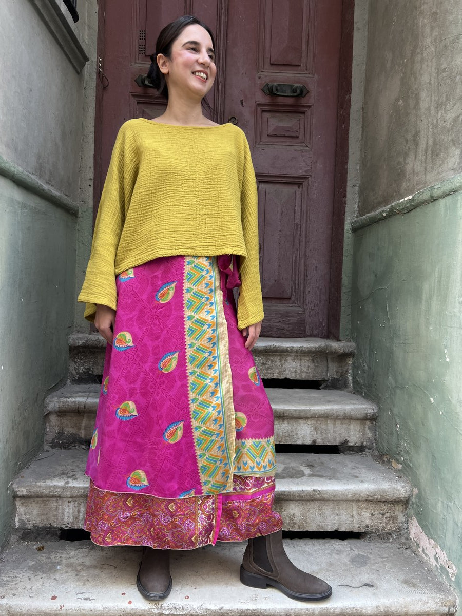 Çift Taraflı Nepal Bohem İpek Etek – Pembe Desenli