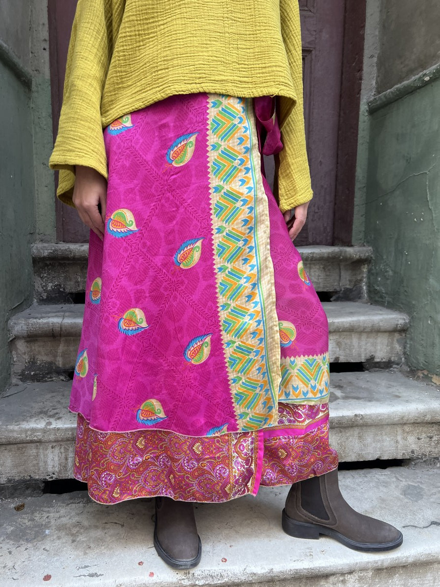 Çift Taraflı Nepal Bohem İpek Etek – Pembe Desenli