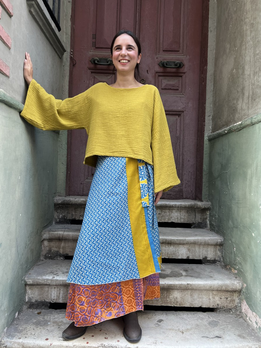 Bohem Çift Taraflı İpek Etek – Mavi - Büyük Bedene Uyumlu