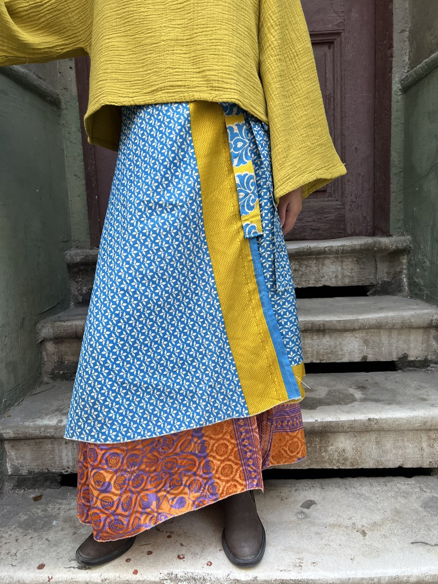 Bohem Çift Taraflı İpek Etek – Mavi - Büyük Bedene Uyumlu