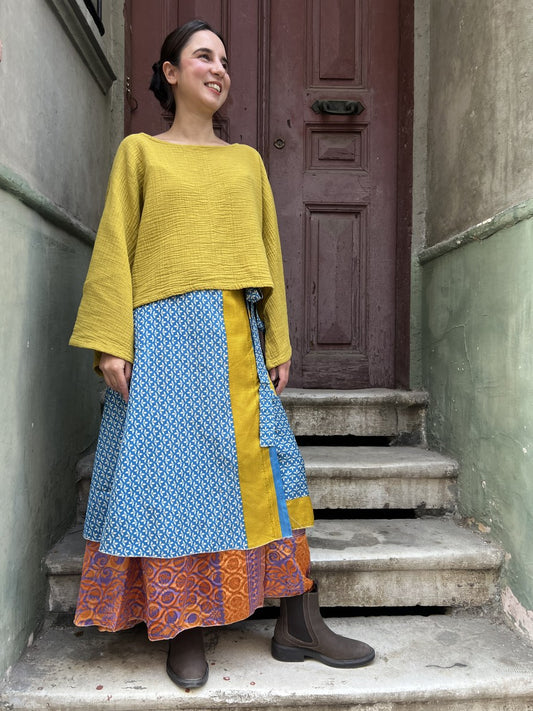 Bohem Çift Taraflı İpek Etek – Mavi - Büyük Bedene Uyumlu