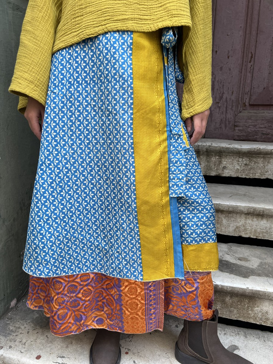 Bohem Çift Taraflı İpek Etek – Mavi - Büyük Bedene Uyumlu