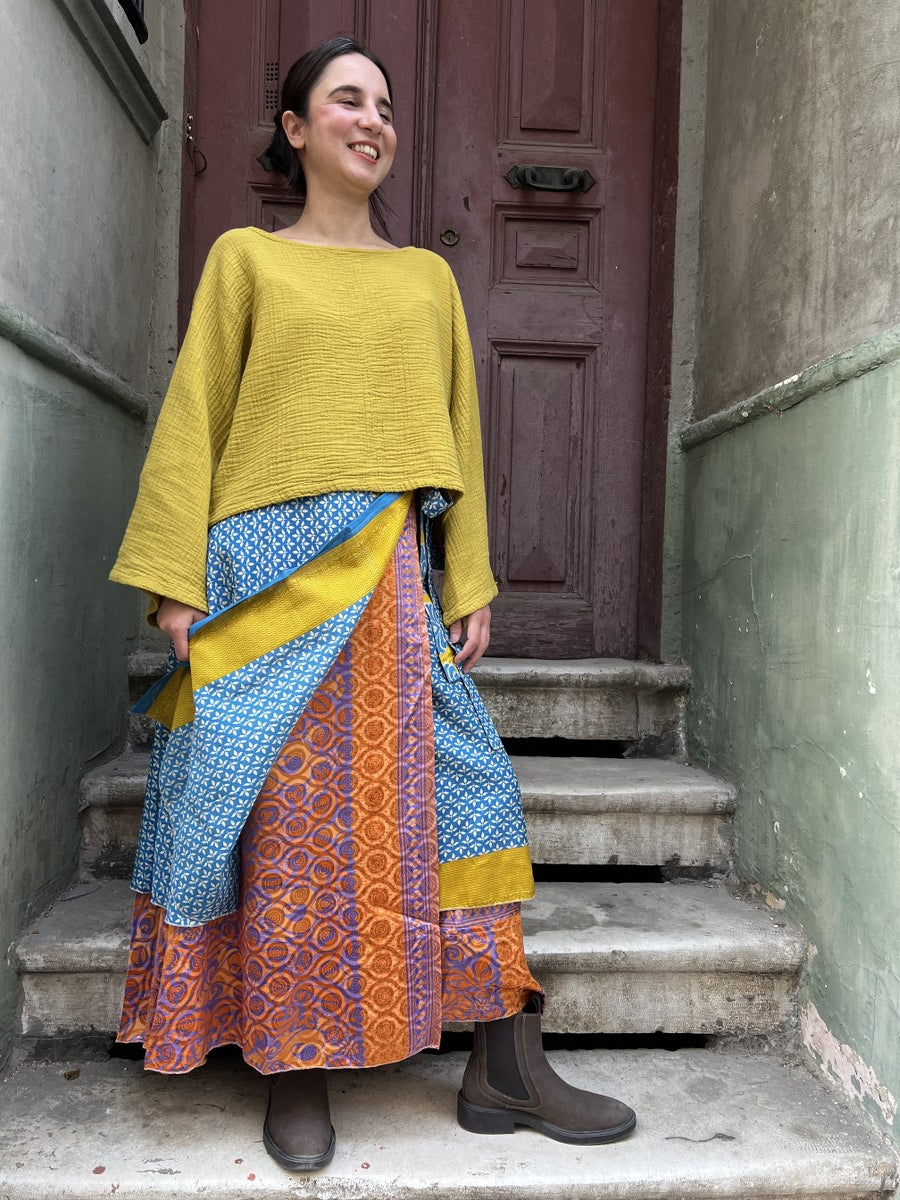 Bohem Çift Taraflı İpek Etek – Mavi - Büyük Bedene Uyumlu