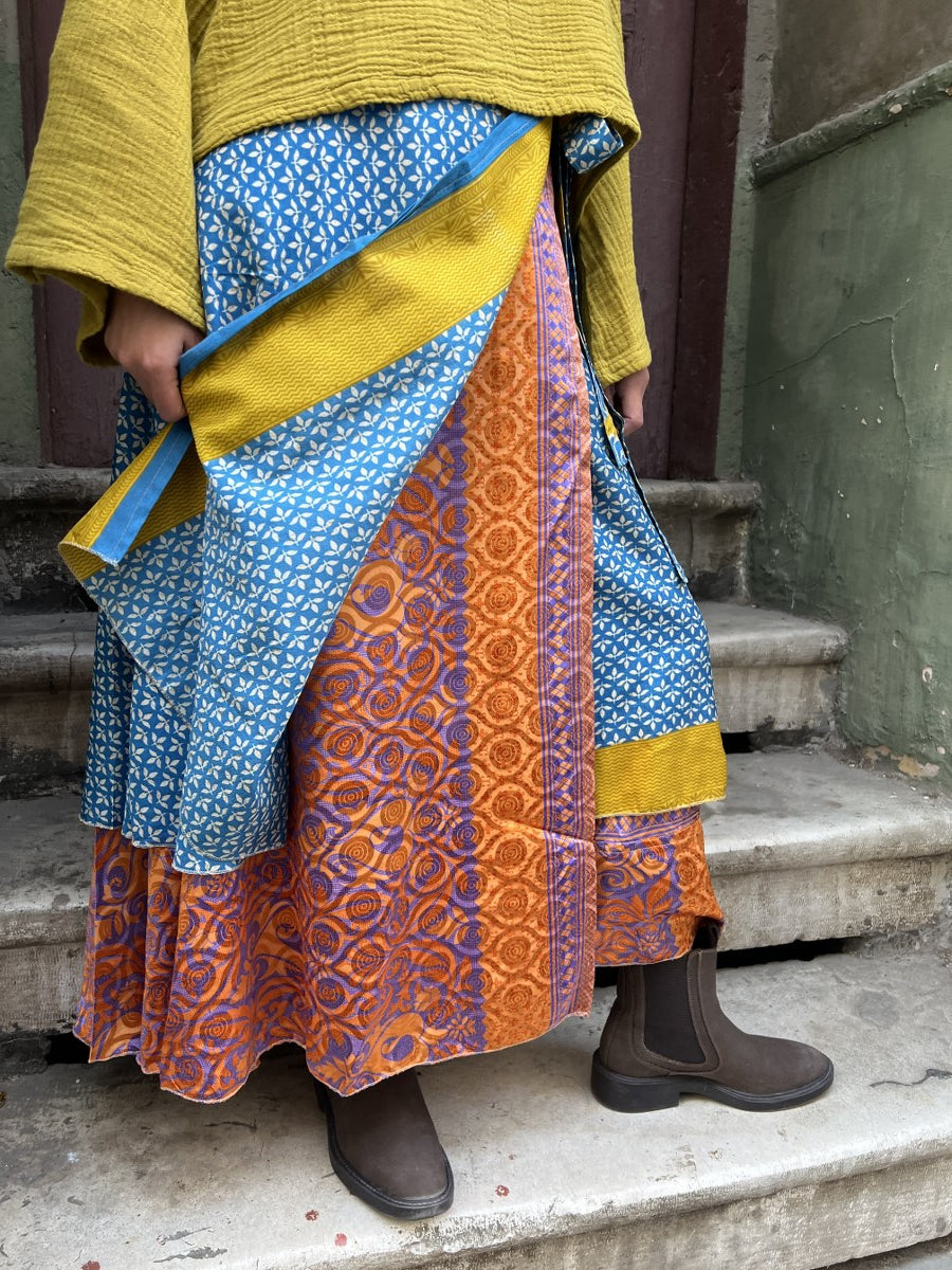 Bohem Çift Taraflı İpek Etek – Mavi - Büyük Bedene Uyumlu