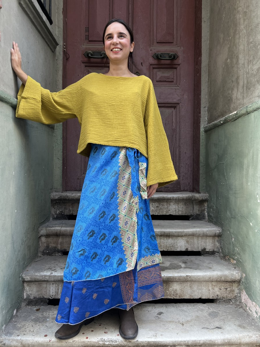 Nepal Çift Taraflı İpek Etek – Saks Mavi Desenli