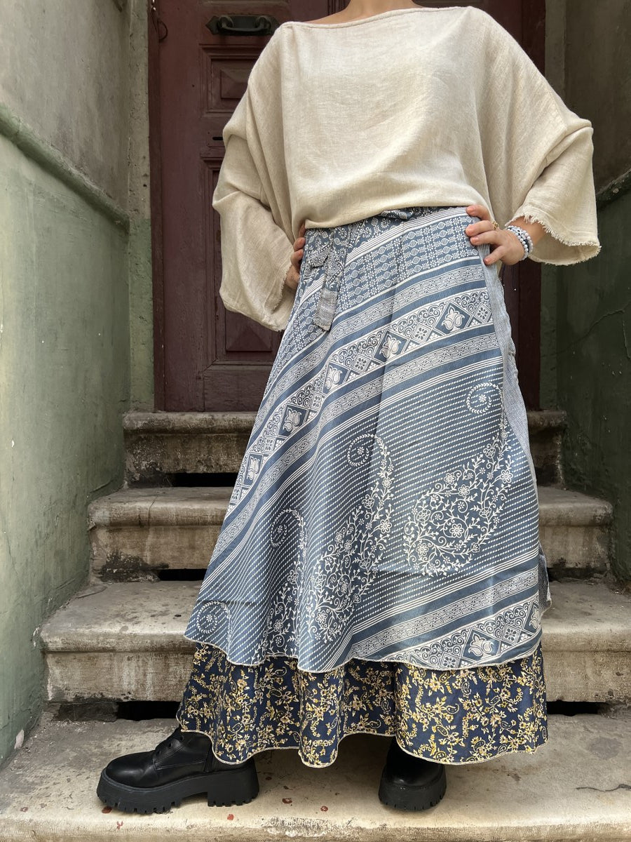 Nepal Çift Taraflı İpek Etek – Mavi Paisley