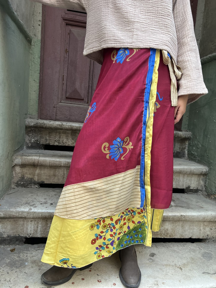 Çift Taraflı Nepal Bohem İpek Etek – Bordo Sarı Desenli