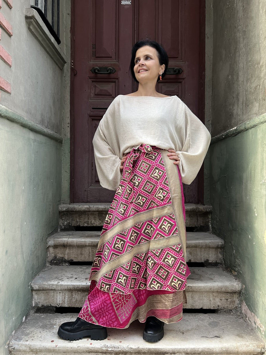 Bohem Nepal Çift Taraflı Desenli Bağlamalı İpek Etek