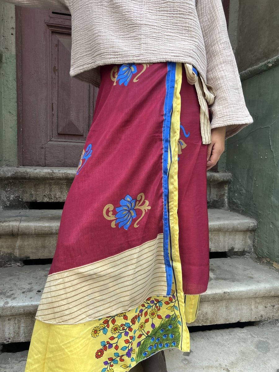 Çift Taraflı Nepal Bohem İpek Etek – Bordo Sarı Desenli