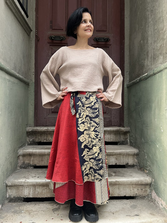 Bohem Nepal Desenli Bağlamalı İpek Etek